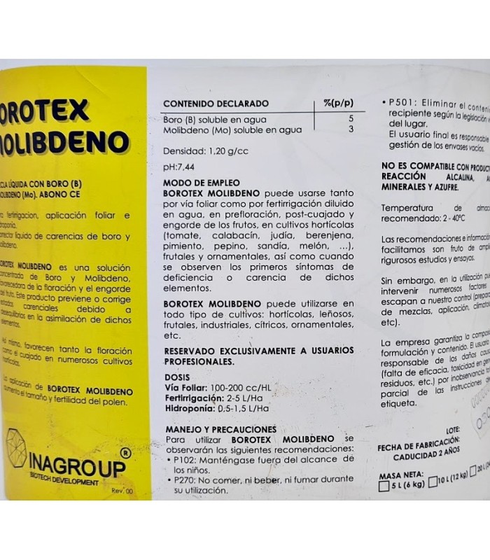 B Mo BOROTEX MOLIBDENO 5L corrector de boro y molibdeno