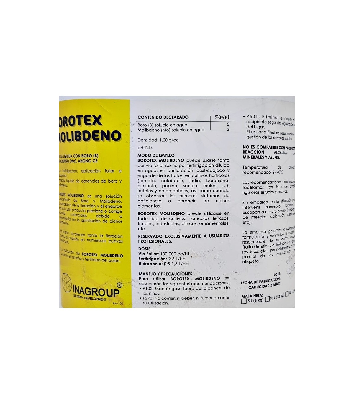 B Mo BOROTEX MOLIBDENO 5L corrector de boro y molibdeno